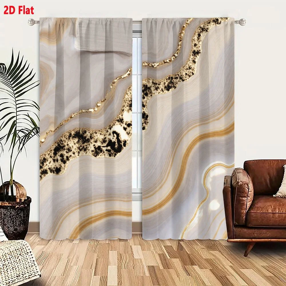 2Pcs Curtains 2D Flat Abstract Marbled Pattern With Gold Flecks And Black Spots On Muted Gray Beige Light Brown Background, Eleg