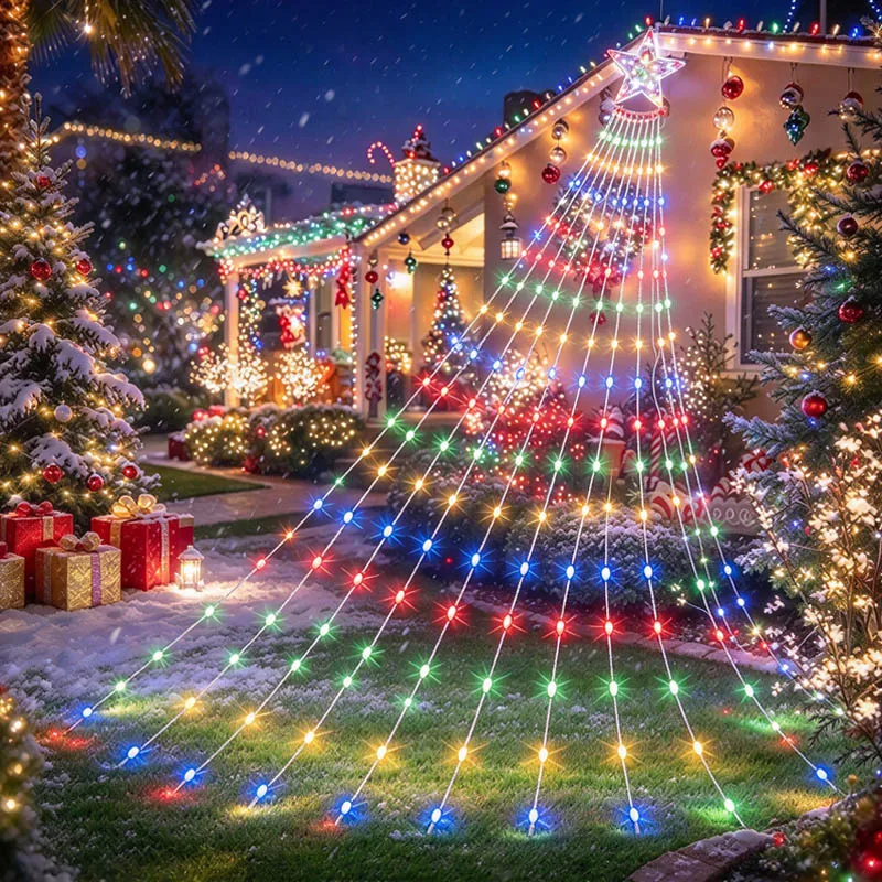 Waterfall Star String Light 9X2M 198LED Outdoor Christmas Hanging Tree Topper Fairy Garden Yard Party Decor USB Powered Glow