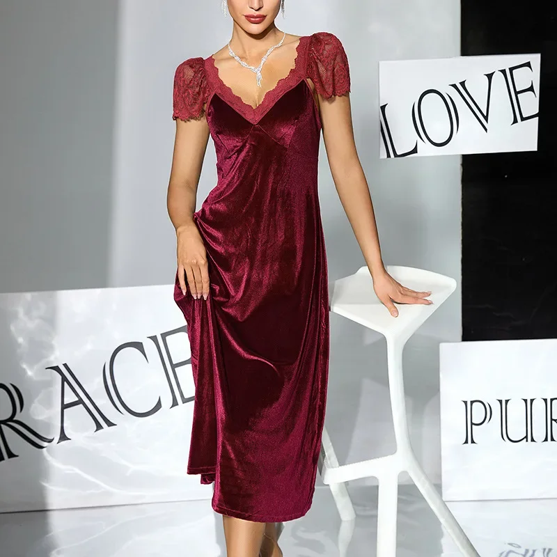 

Retro Velvet Deep V Nightgown Lace Short-sleeved Decorative Mid-length Skirt Black Wine Red Multi-color Home Leisure