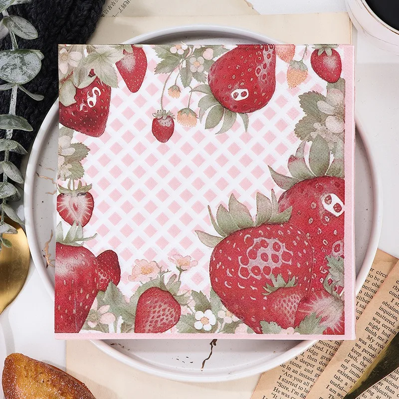 20Pcs 33x33cm Square Strawberry Printed Paper Tissue Disposable Tableware Napkin Birthday Party Decoration