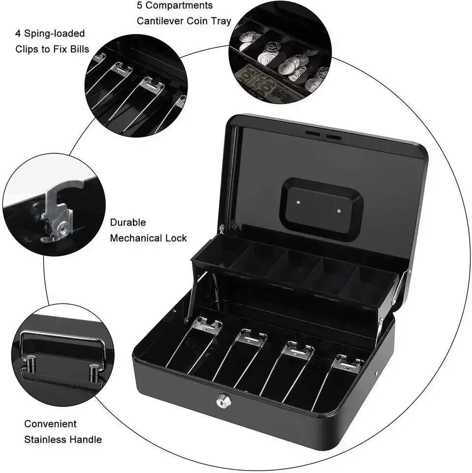 Password Cash Box with Money Tray and Key Lock Register Box Checkstand Cashier Case 4 Bill/5 Coin Slots Safety Coin Box Business