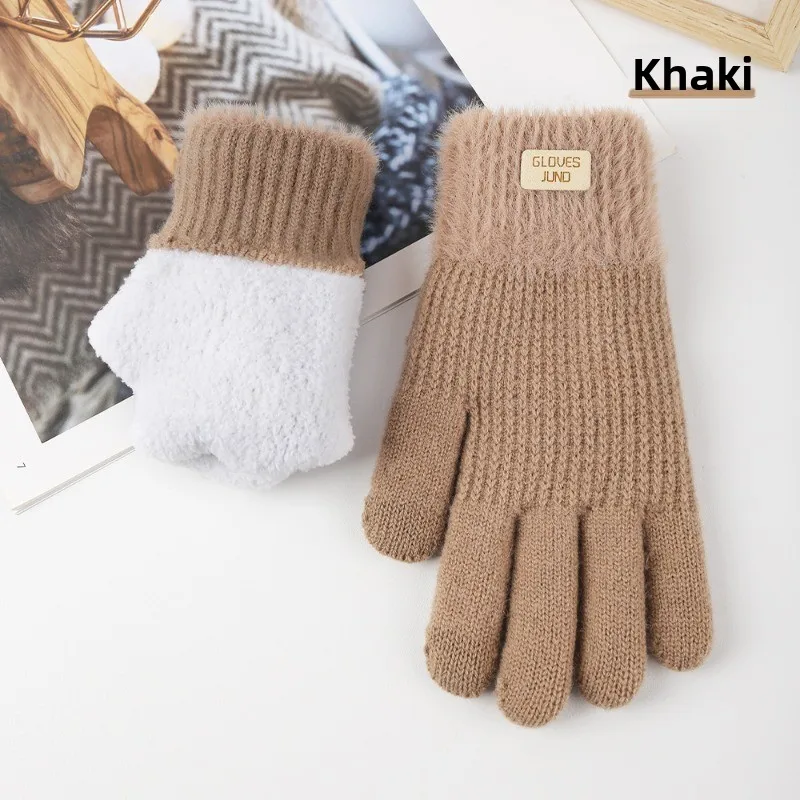 Knitted Women's Autumn and Winter Warm Outdoor Bicycle Anti Cold Double-layer Plush Simple and Thick Touch Screen Gloves