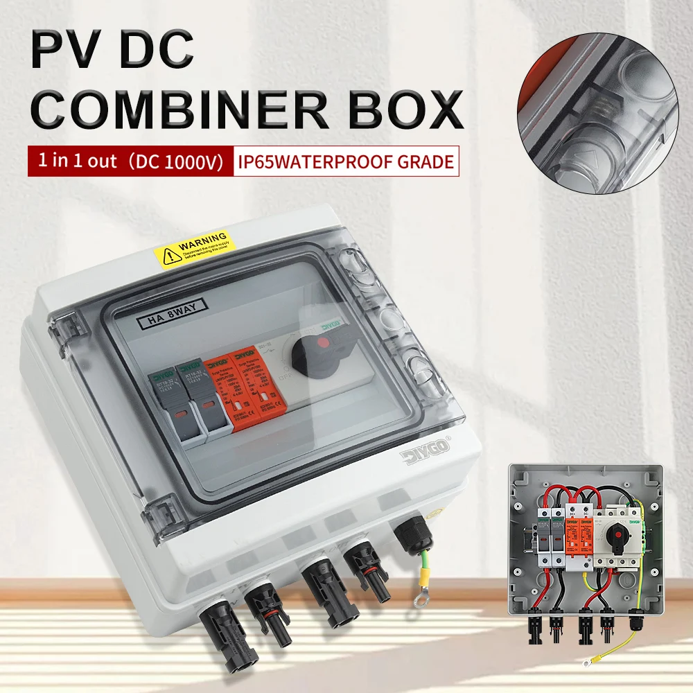 

Solar Photovoltaic PV Combiner Box With Surge Lightning Protection 1000V 32A 1 Input 1 Output Waterproof Box DC Fuse MCB SPD