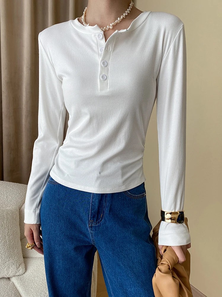 

Women Coffee Multi Color Button Brief Elegant Slim T-shirt New Round Neck Long Sleeve Fashion Spring Autumn X728