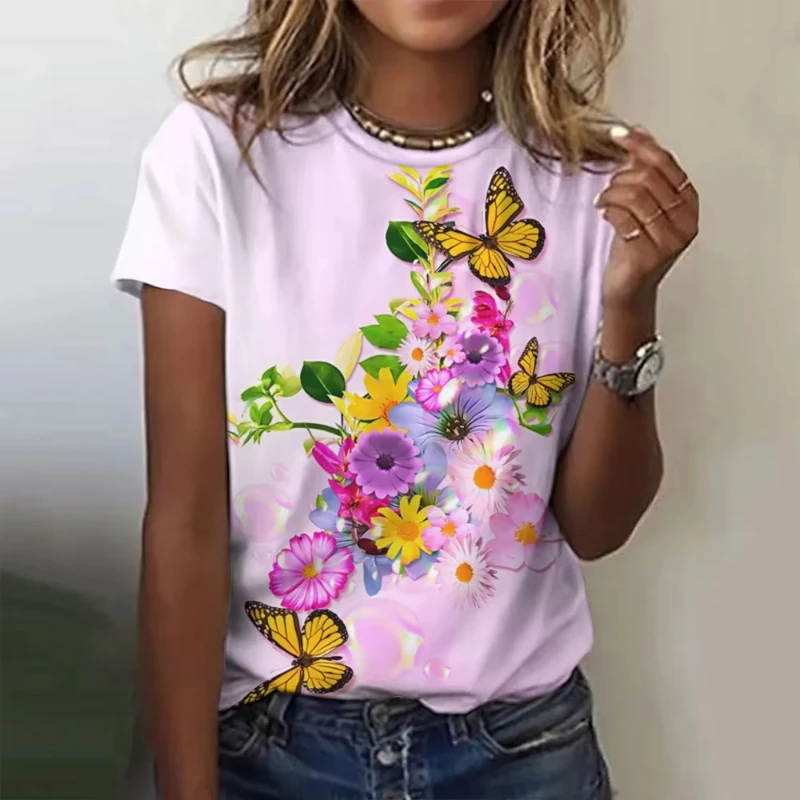 

Summer New 3D Print Butterfly Floral Flower T-Shirts Women Short Sleeve T Shirt Y2k Harajuku Oversized Tees Tops Female Clothing