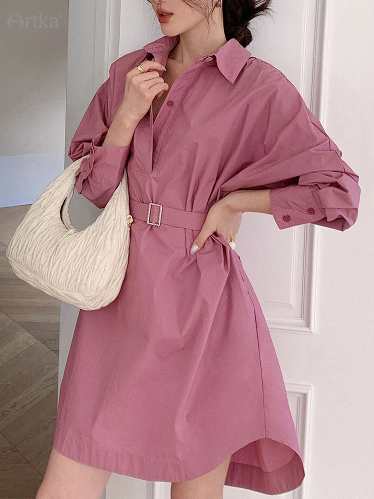 

ARTKA 2023 Spring New Women Dress Fashion Casual Solid Color OL Style Dresses Long Sleeve Lapel Shirt Dress With Belt A23LA005C