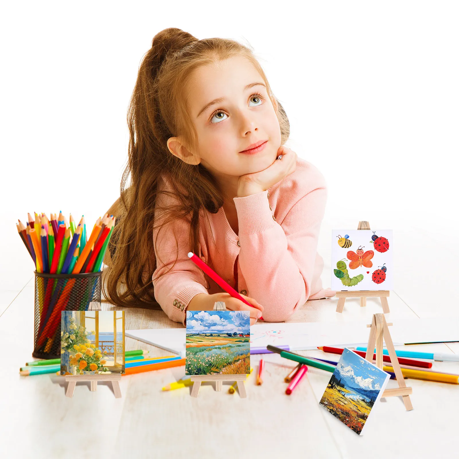 12Sets Mini Canvas Easel Set Wooden Portable Painting Easel Kit for Creativity Development Art Hobby College Dorm Gift