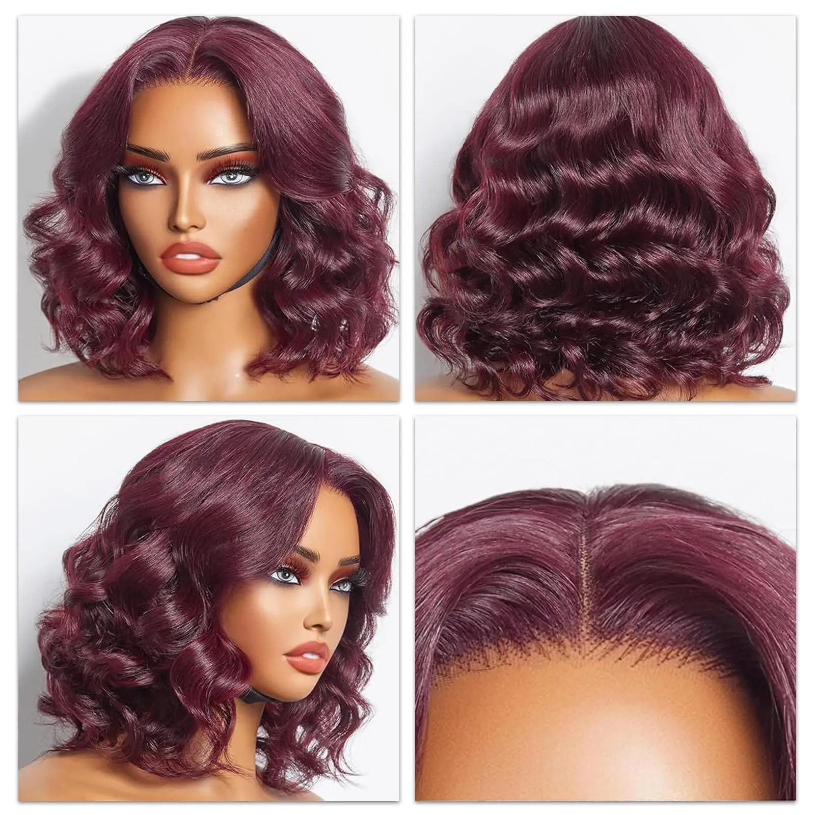 Pretty Diary 99J Short Bob Wigs Human Hair Burgundy Body Wave 5x5 HD Lace Frontal Wig Water Wave Wine Red Colored 180 Density