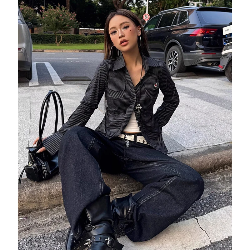 American Retro Cleanfit Black Curved Knife Slightly Flared Jeans Women's Autumn and Winter Vintage Wide Leg Straight Leg Pants
