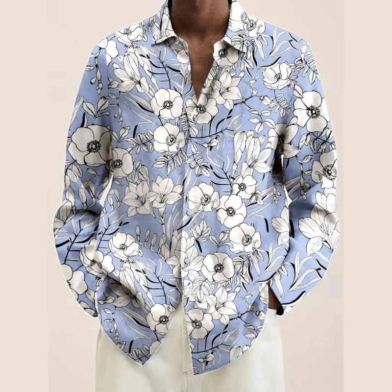 Chemises vintage à imprimé de plantes et fleurs pour hommes, chemisiers à boutonnage simple, chemise à manches longues, streetwear décontracté, vêtements à revers pour hommes