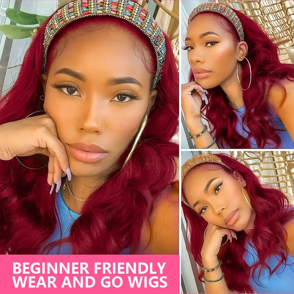 Body Wave Headband Wig Human Hair Burgundy Glueless Human Hair Wigs with Headband Brazilian Virgin Hair Machine Made Ginger Wigs