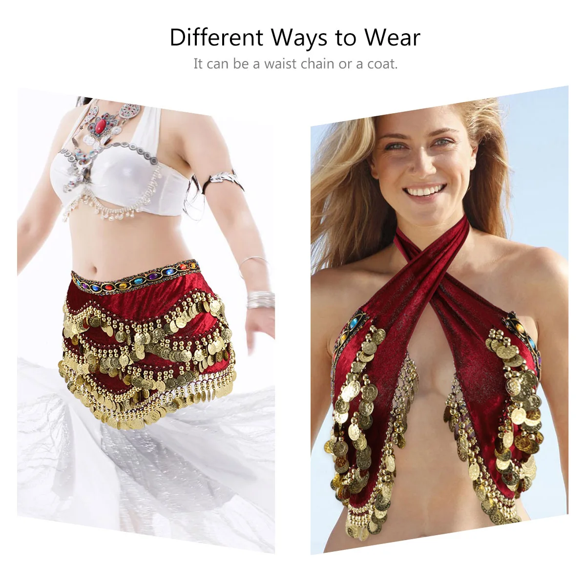 1Pcs Belly Dance Waist Chain Hip Scarf Adjustable Tie Green Durable Lightweight Coins Diamonds Perfect for Practice