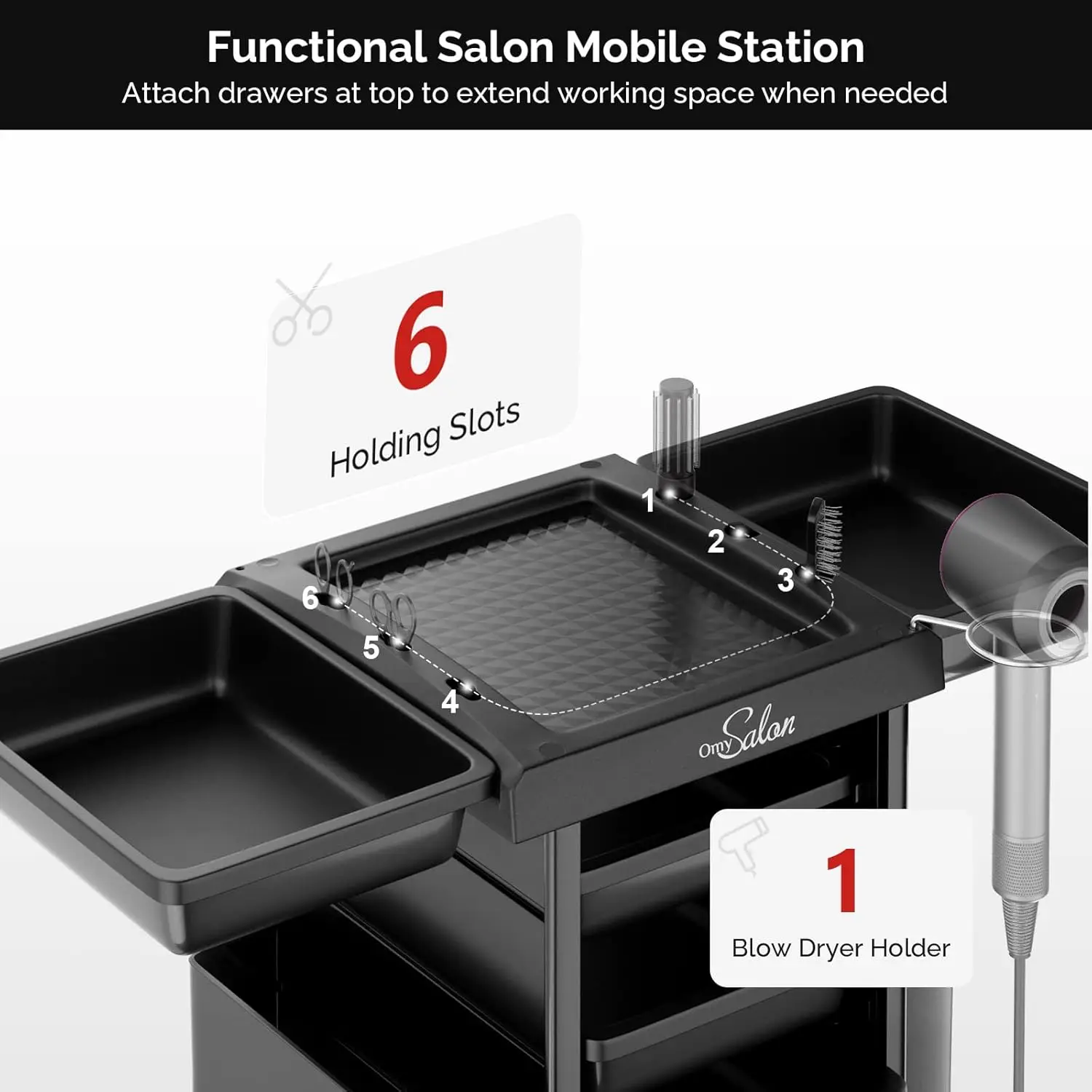 รถเข็น 6 ลิ้นชักและที่วางเครื่องเป่าผม,Rolling Hair Cart Organizer, สถานีจัดเก็บข้อมูลมือถือ Hairstylist รถเข็นมีล้อสําหรับ