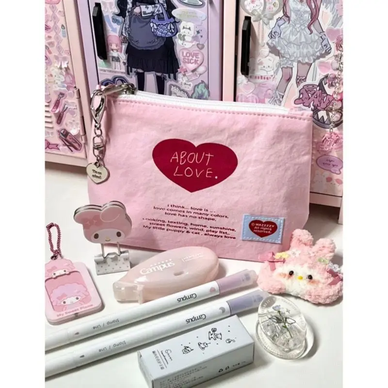 

Korean Storage Bag Love Canvas Stationery Pink Pen Bag Makeup Bag Girl Back To School School Supplies Pencil Pouch Pencil Cases