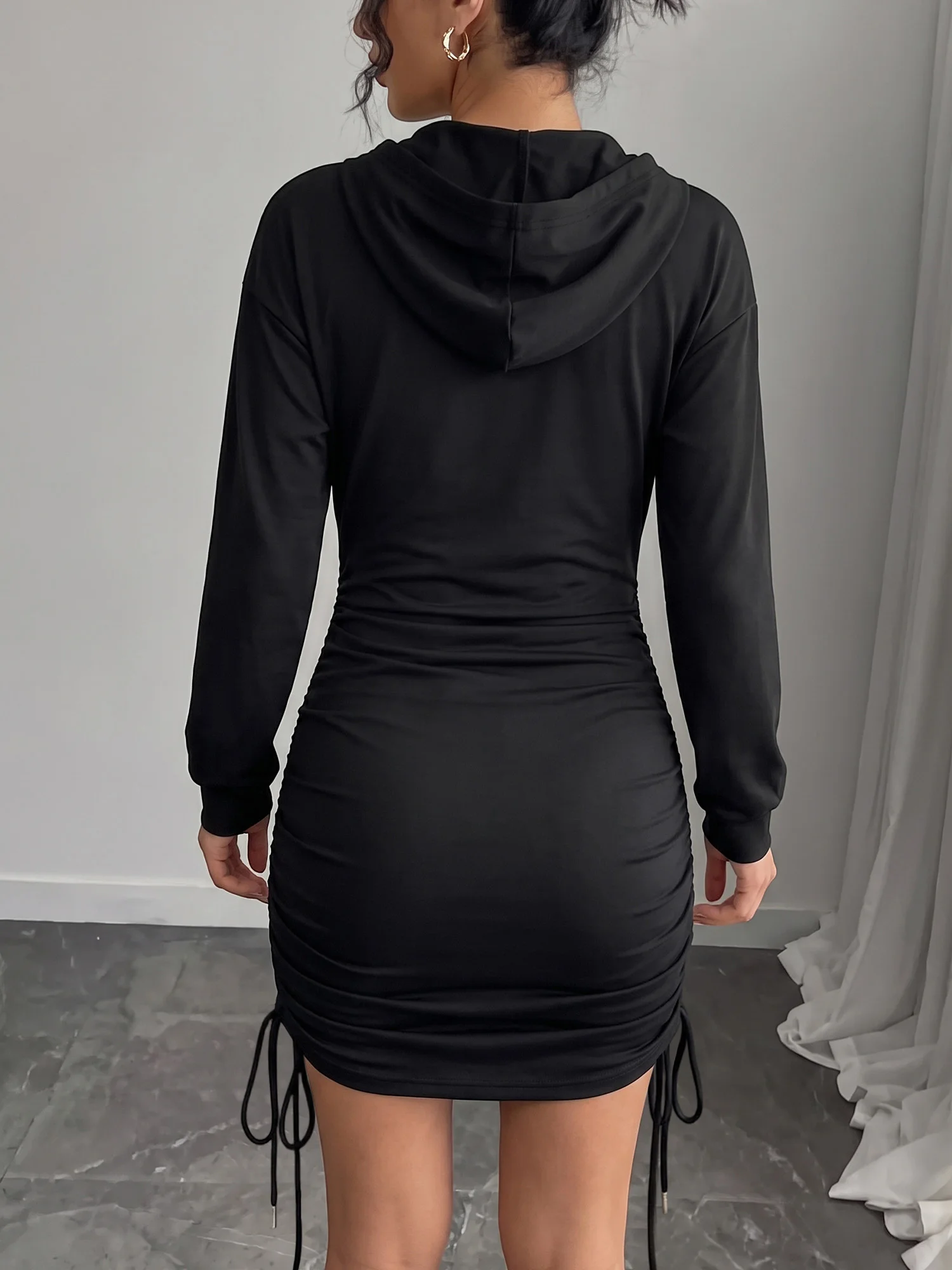 Casual Daily Hooded Bodycon Mini Dress Women Long Sleeve Double Side Drawstring Ruched Tight Dress Outdoor Trip