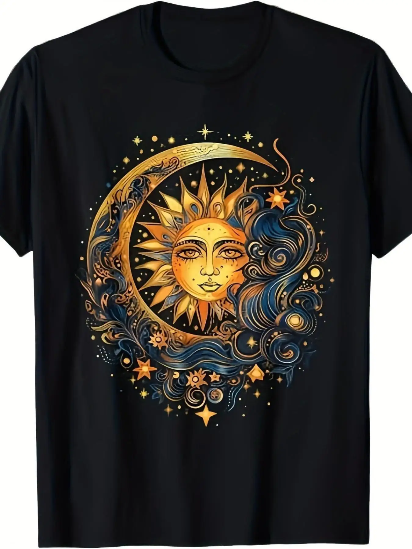 Casual T-shirt With Sun, Moon, Floral, And Celestial Body Designs, Loose Fit, Lightweight, Suitable For All Seasons, Ideal For Halloween, Thanksgiving, And Christmas, Machine Washable, Regular Fit Short-sleeve Shirt