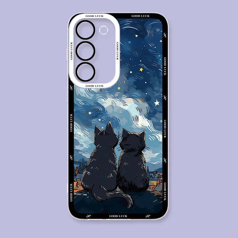 Starry Sky Black Cat Phone Case For For Samsung Galaxy S24 S23 S22 Plus Ultra Clear Cover For Galaxy S23+ S22+ S24+ Shell Fundas