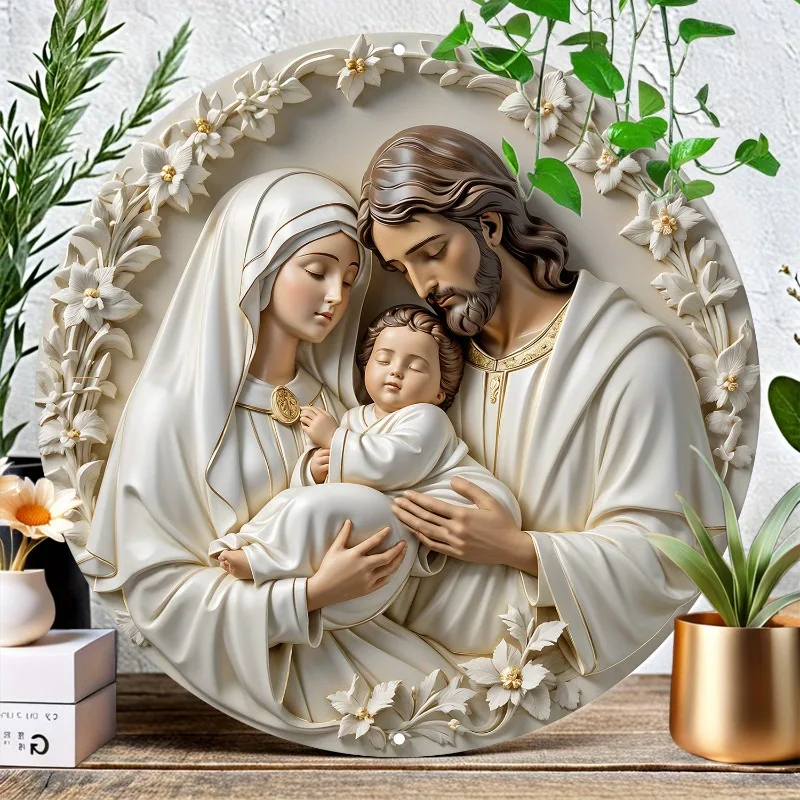 

Holy Family Emblem Wall Art, Round Metal Decor, Aluminum Poster Board for Living Room, Virgin Mary Theme, Christmas Decoration