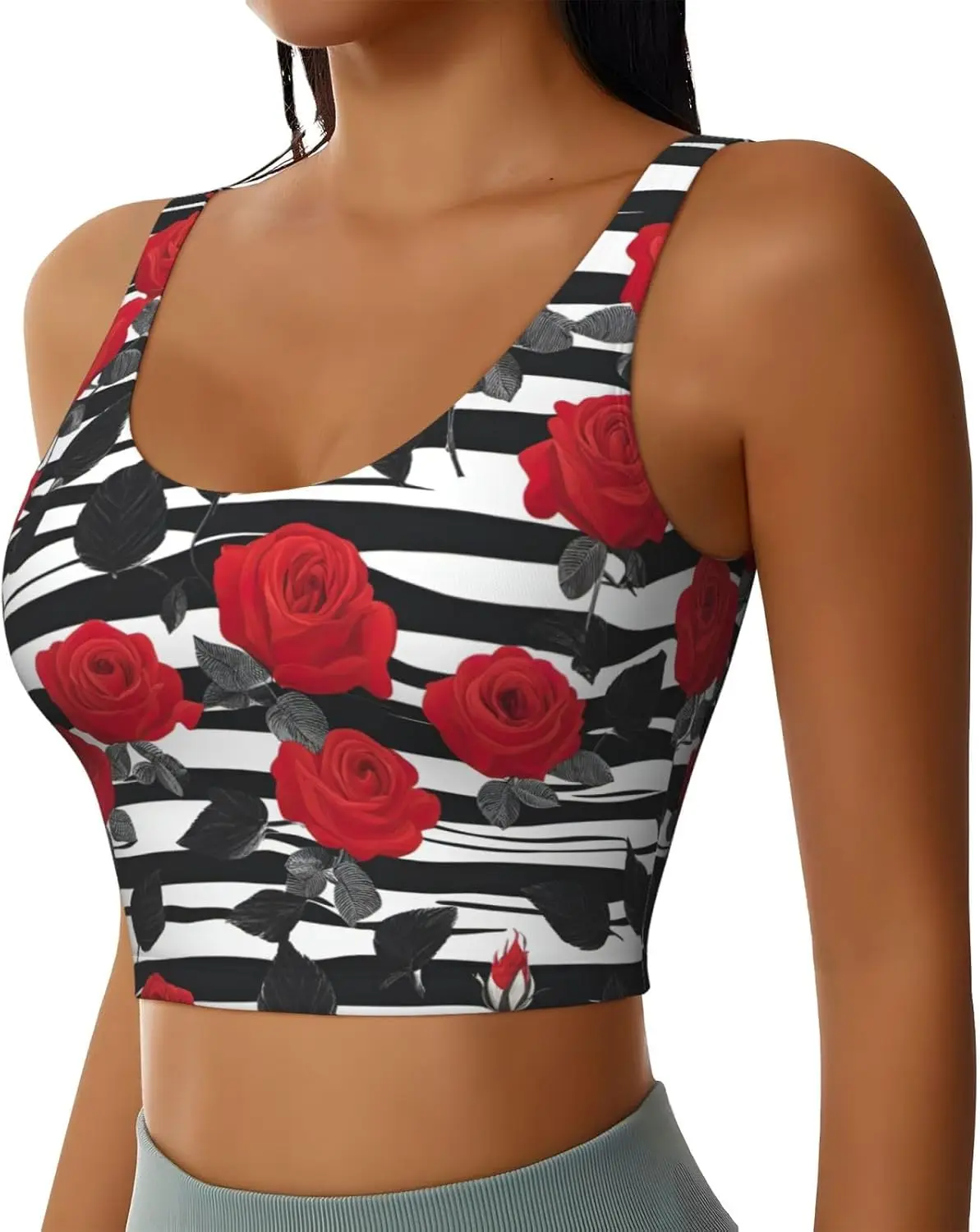 أسود أبيض المشارب الأحمر روز الزهور طباعة المرأة تجريب تانك القمم Racerback أكمام سترة رياضية لصالة الألعاب الرياضية اليوغا