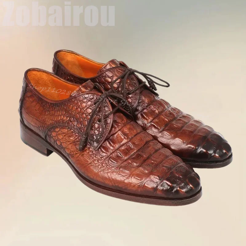 

Brown Crocodile Print Gradient Color Men Derby Shoes Fashion Lace Up Men Shoes Luxurious Handmade Party Banquet Men Dress Shoes
