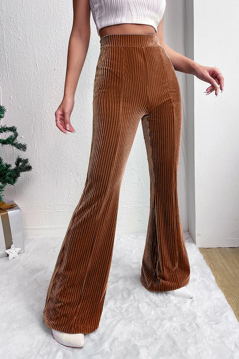 2025 New European and American Women's Fashion, Sexy, Pure Color High-waisted Velvet Corduroy Bell-bottom Pants