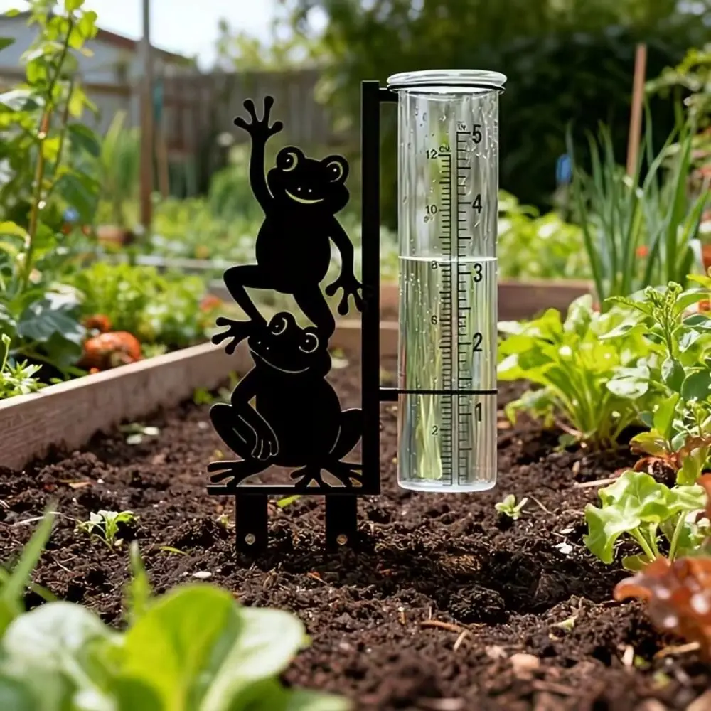 Iron Art Metal Frog Rain Gauge Stake Rustproof Removable Garden Stake Rain Water Collector Umbrella Frog Shaped with Scale