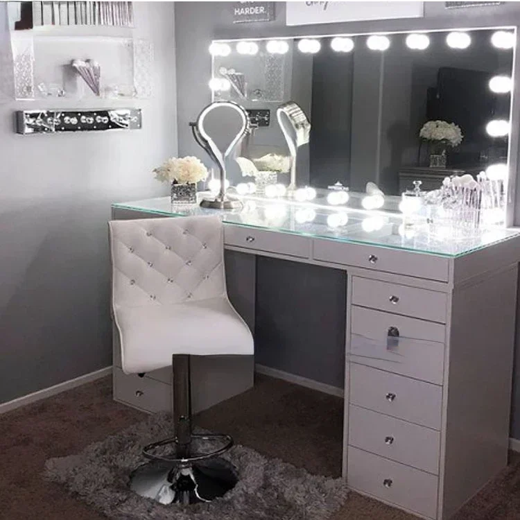 Modern white dressing and makeup table with illuminated mirrors