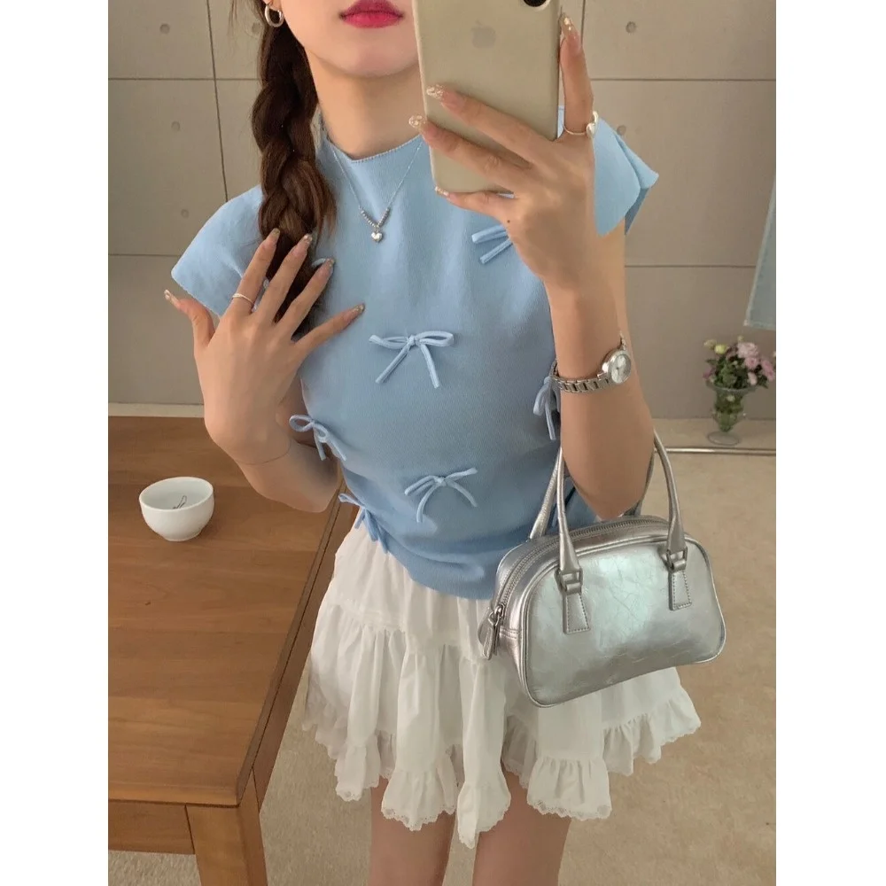 Pastel Pink  Knot Knit Top with Flying Sleeves Mint Wave Green Summer Slim Fit Short Sleeve T-Shirt Korean Style Com...