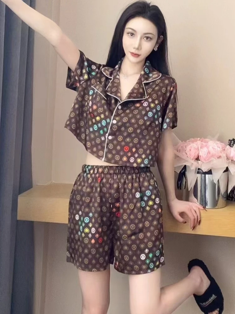 2024 Summer New Short-Sleeved Shorts Ice Silk Women\'s Pajamas Thin Simple Casual Outwear Home Clothes Suit