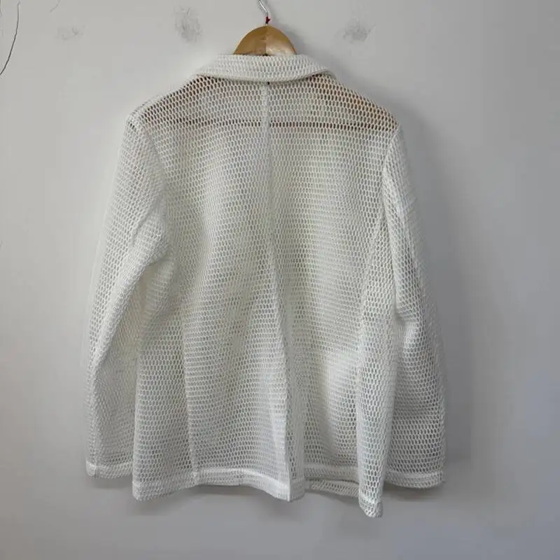 Simple Men's Casual Jacket Suit Three-Dimensional Mesh Hollow Out See-Through Layered Long Sleeve Loose Men Blazer CFR5