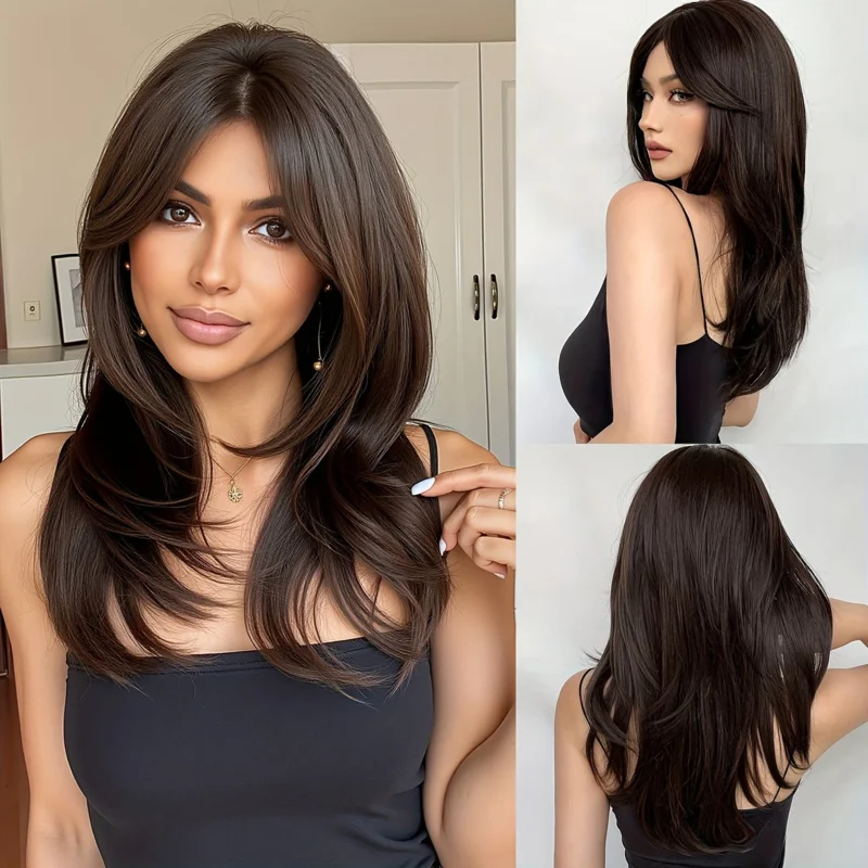 Dark brown layered medium-length wig for women with French-style bangs and outwardly flipped layers, realistic-looking synthetic
