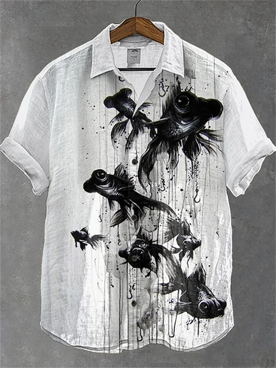 

Мужская рубашка с короткими рукавами и принтом черной золотой рыбки в стиле акварели, кардиган с воротником для пляжа, ретро-стиль, трендовая гавайская рубашка, размеры XS-6XL