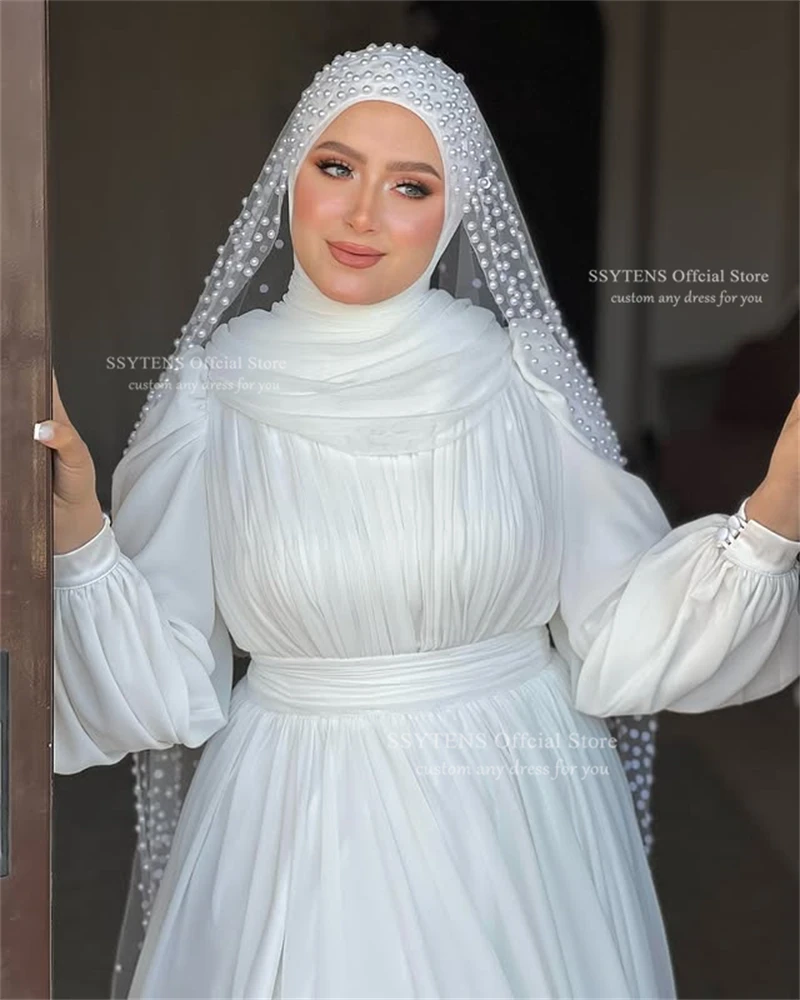 SSYTENS فساتين زفاف إسلامية بأكمام طويلة للعروس الحجاب رقبة عالية للنساء العربية دبي فساتين زفاف إسلامية بدون حجاب لؤلؤي #5