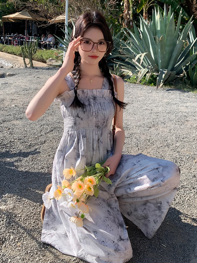 จั๊มสูทขายาวทรงขากว้างสไตล์จีนใหม่ ลายภาพวาดสีน้ำ เอวสูง ผ้าบาง สำหรับผู้หญิง ฤดูร้อน รุ่นบางพิเศษ ขายออนไลน์เท่านั้น