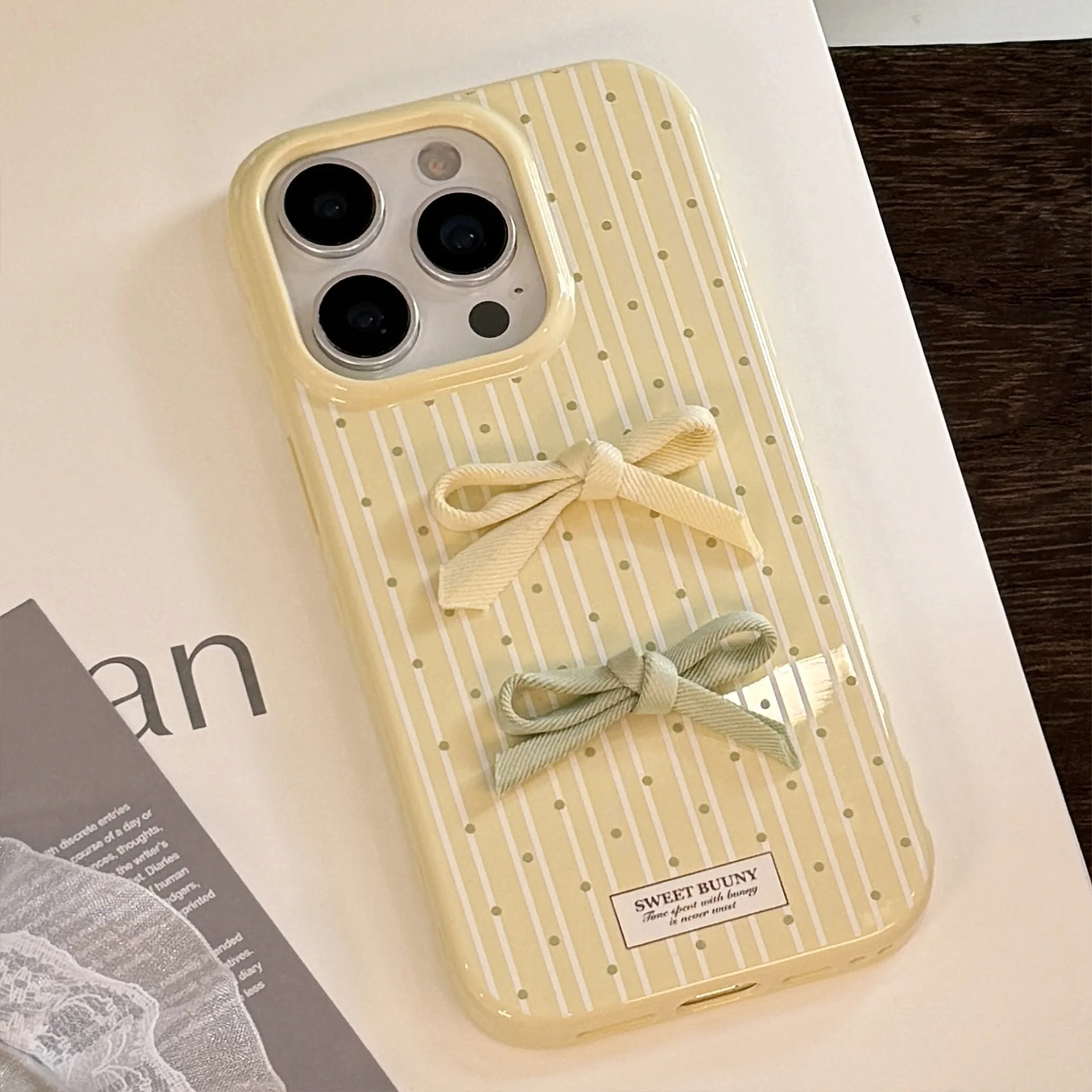 Koreanische Polka Dot Gestreifte 3D Gelb Grün Schleife Handyhülle für iPhone 17 16 15 14 13 12 Pro Max stoßfeste Schutzhülle