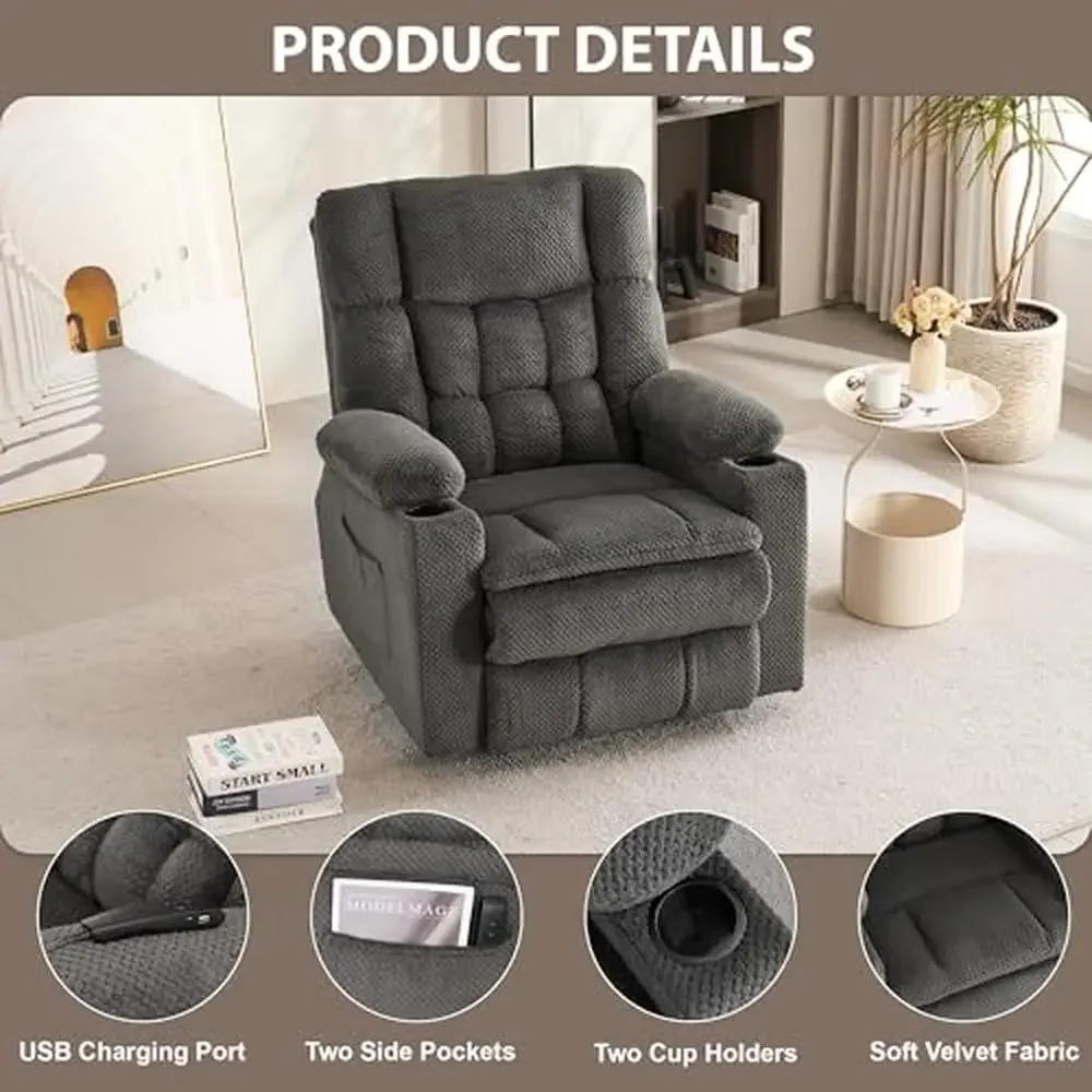 Silla reclinable con elevación, masaje por vibración, calefacción, portavasos ergonómicos para salón, carga USB, marco de Metal de terciopelo, 108 libras