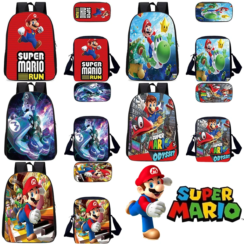 

3pcs Set Super Mario Children School Backpack Anime Portable Travel Crossbody Bag Pencil Case Student School Supplies Stationery