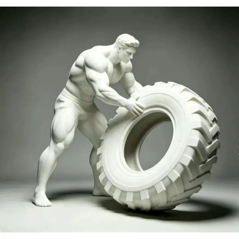 Fitness Strongman Flip‑Tire White Resin Statue Bare‑Foot Bodybuilder Sculpture Home Desktop Decor Collectible Figurine