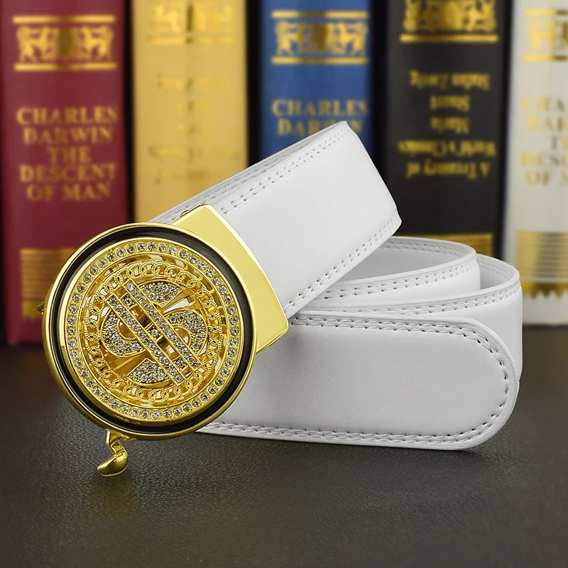 2025 new Luxury Genuine Leather Men Automatic Belt Jeans Rhinestone Metal Rotatable Belt Buckle Business Belt ceinture homme