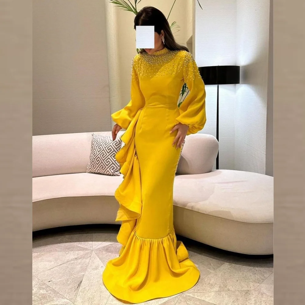 Robe de Soirée Longue en Jersey à Paillettes et Perles, Tenue de Bal Froncée, Ligne A, Col Haut, sur Mesure, Arabie Saoudite