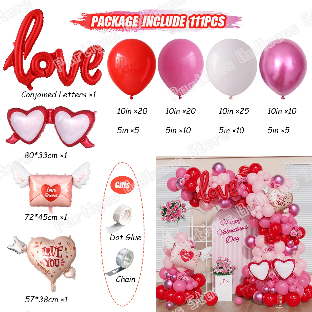 Pastel Red Valentine's Day Balloon Garland Kit LOVE Heart Foil Balloon Bridal Shower Wedding Anniversary Birthday Party Decor