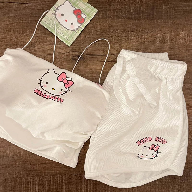 Hello Kitty Pyjamas Set Animes Woman Short-Sleeved Top Casual Shorts Fashion Slim Women Camisole 2024 Woman Homewear Sets