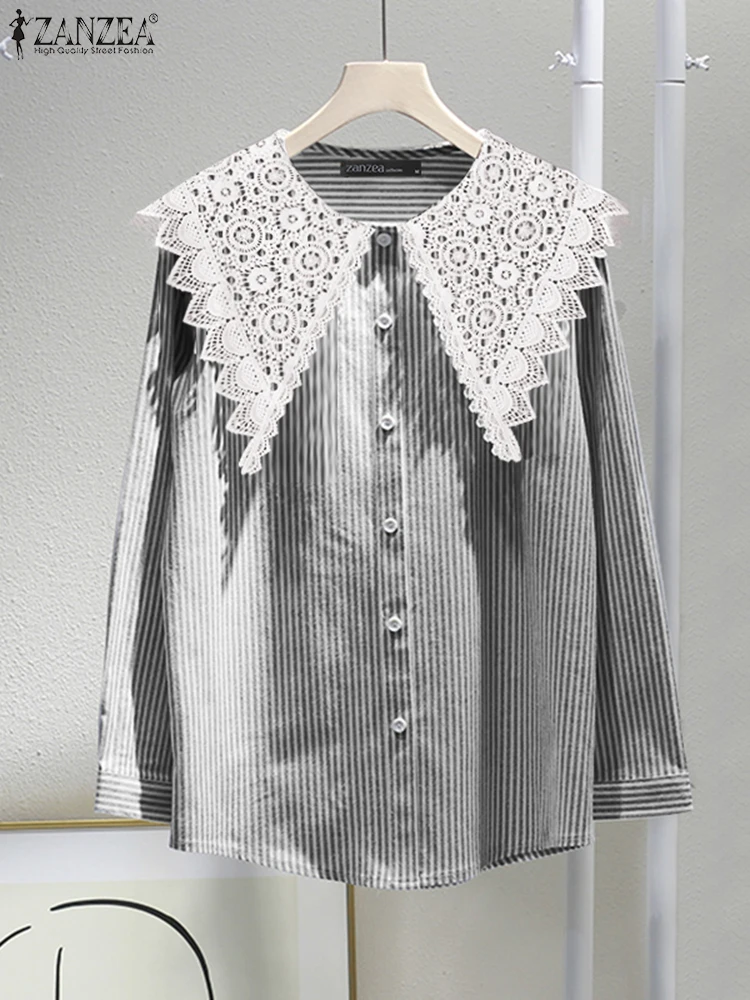 

ZANZEA Vintage Women Lapel Neck Long Sleeve Office Shirts Spring Striped Blouse Casual Work Tops Elegant Lace Patchwork Blusas