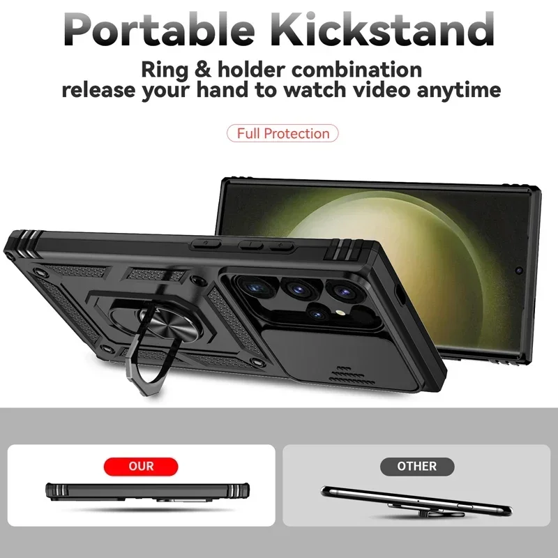 Stand Rotating Slide Camera Lens Military Grade Armor Case For Samsung S25 S24 S23 S22 S21 FE S20 Plus Note 20 Ultra M53 M33