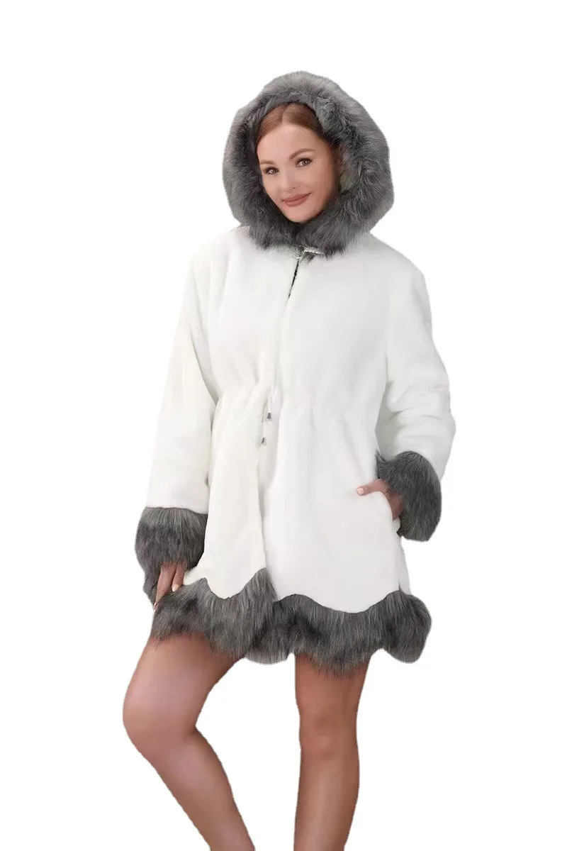 European and American Winter New Imitated Mink Coat Women's Hooded Imitation Fox Fur Mid-Length