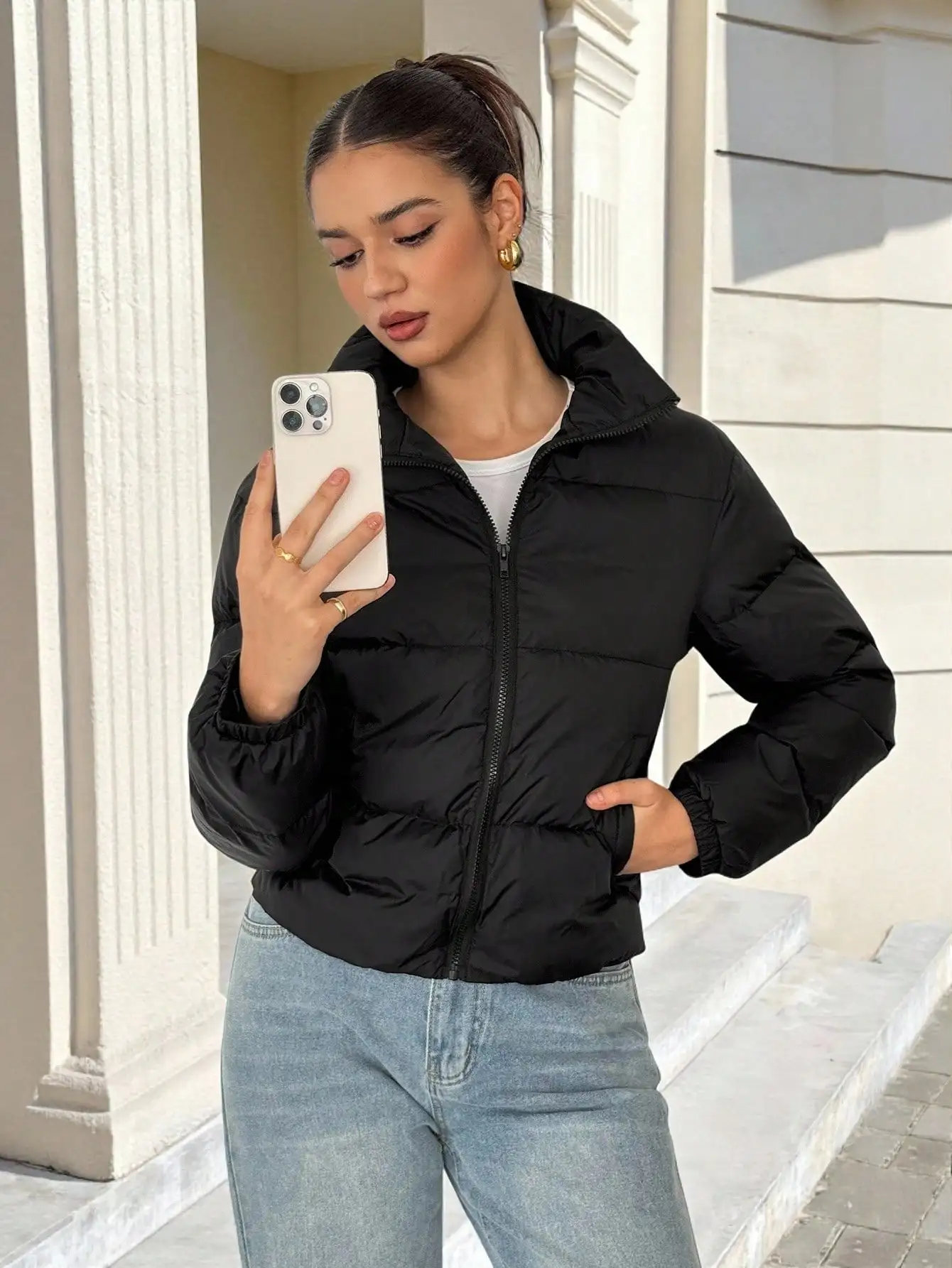 

Women's Black Puffer Bomber Jacket, Short Fit, Zip-Up Front, Cozy Winter Outerwear for Casual & Street Style