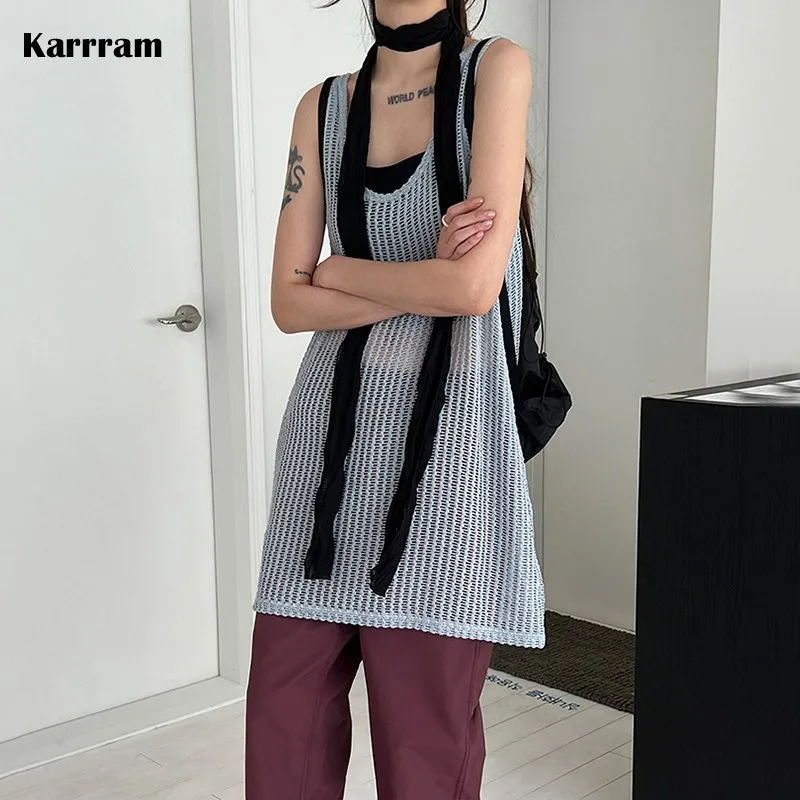 Karrram Korean Fashion Hollow Out Dress High Street Knit Dress Kpop Lazy Style See Through Dress Femme Solid Sexy Vestido Chic