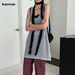 Karrram Korean Fashion Hollow Out Dress High Street Knit Dress Kpop Lazy Style See Through Dress Femme Solid Sexy Vestido Chic