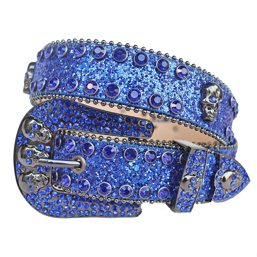 Casual Men Women Unisex Western Cowboy Skull Rhinestone Belt Crystal Studded Diamond PU Leather Belt Dress Jeans