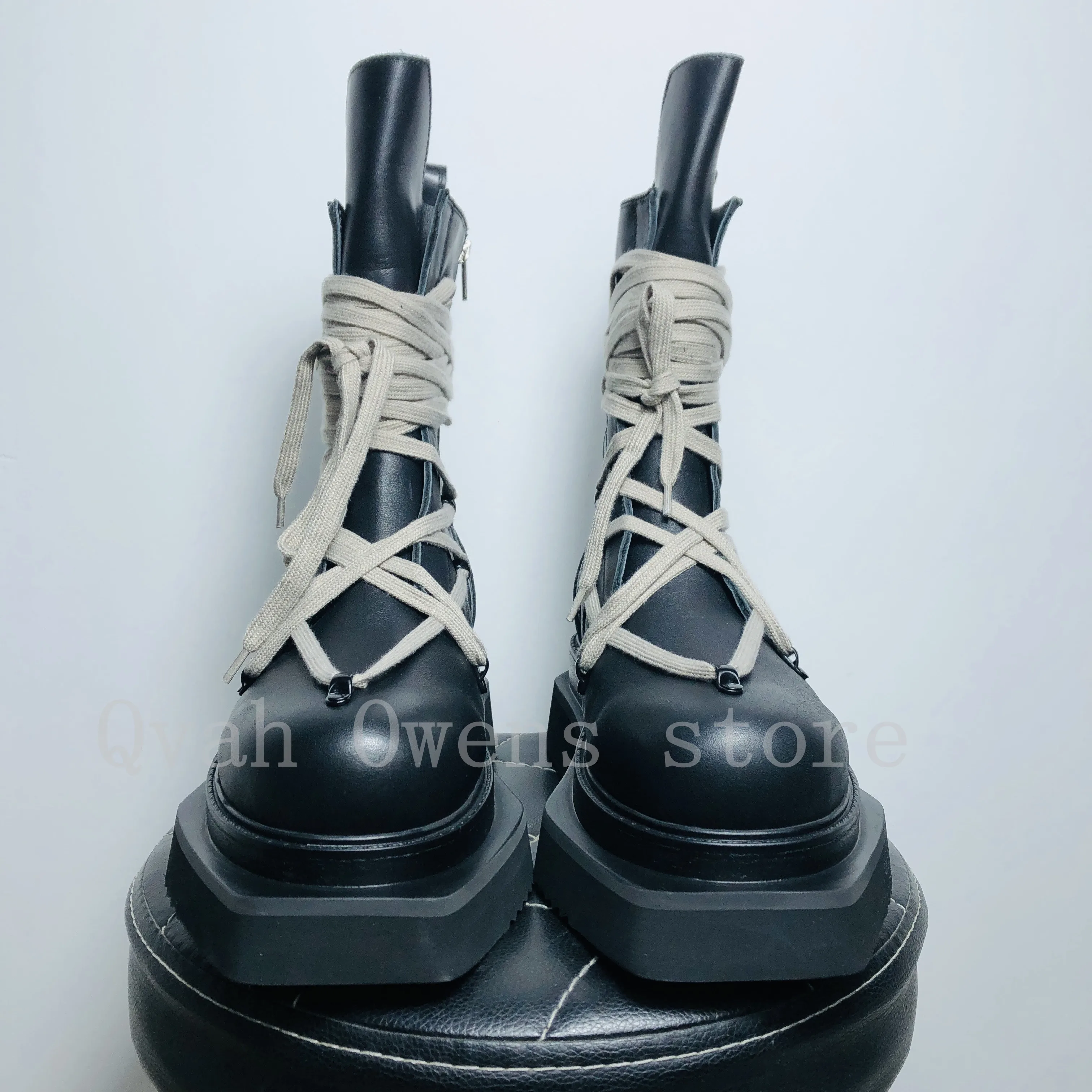 Men High Top Shoes Platform Sneakers Leather Lace Up Zip Heels Luxury Vintage Trendy Designer Male Boots Black